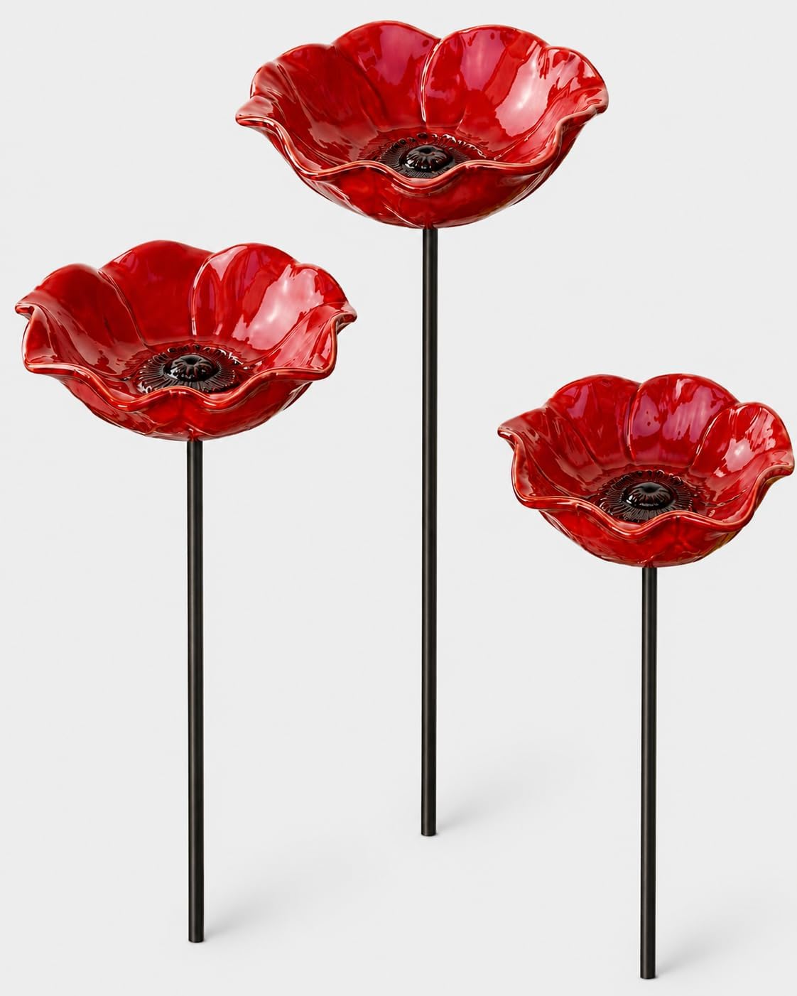 3 Pcs Metal Flower Bird Bath Garden Stakes, Red Poppy Flower Bowl Outdoor Yard Decor,Handmade Style Decorative Bird Feeder Water Bowl for Birds, Bees, Butterflies, Beds,Patio, Lawn and Garden