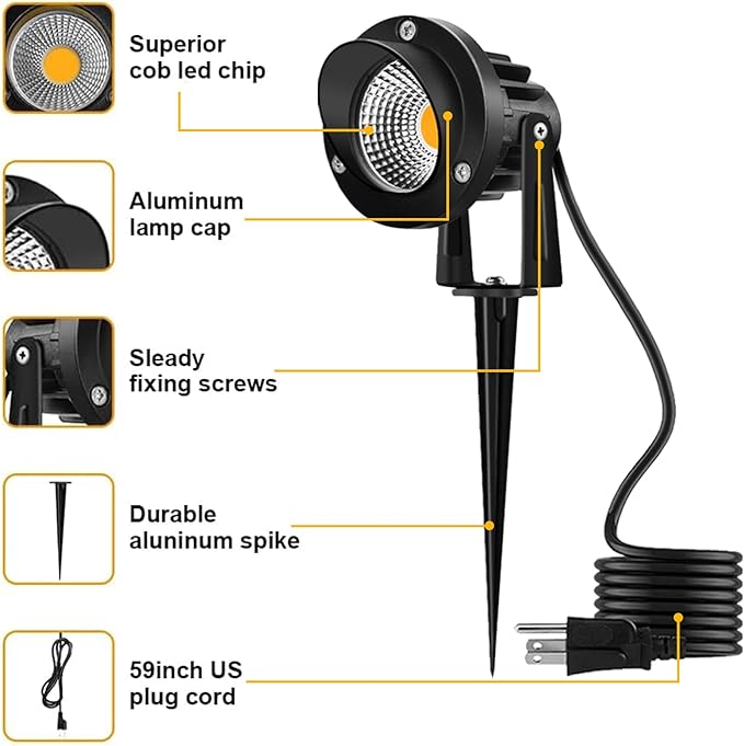 Romwish 120V LED Landscape Lights, 10W 120V Outdoor Landscape Lighting with Ground Spike, 3000K Warm White, IP65 Waterproof Outdoor Spotlight for Lawn, Garden, Yard, Flag Light (Pack of 6)