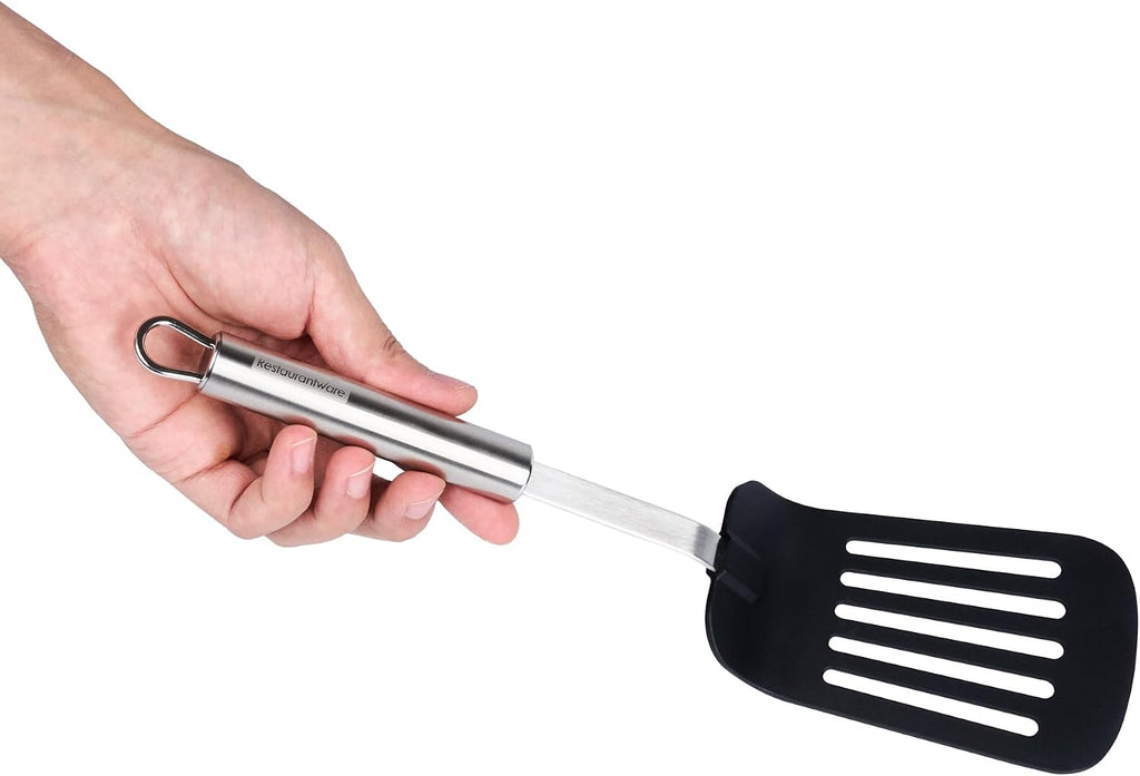 Restaurantware Nylon Slotted Turner - 6 Pack - German Standard Large Kitchen Spatula with Stainless Steel Handle, Non-Stick Safe, Dishwasher Safe - Heat-Resistant Slotted Spatula for Eggs, Fish