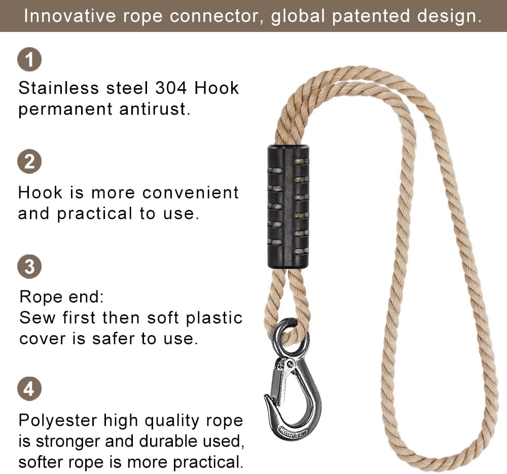 2Pcs 19" Tree Swing Rope Tree Swing Strap for Hanging Hammock | 2500LBs Capacity Swing Extender Rope with Hook Hanging Chair Strap for Swing chair, Tree Branch, Tree Swing Seat
