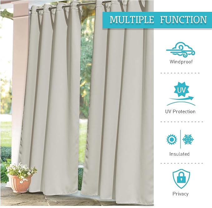 RYB HOME Extra Wide Outdoor Curtains for Patio Waterproof Heavy Duty Thermal Insulated in Summer Full Coverage Privacy for Porch, Cabana & Pool, W150" x L84", Natural, 1 Panel