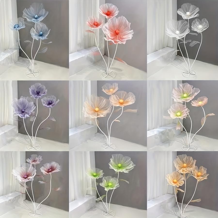 giant flowers 3-piece set|67-inch tall tulle poppy decorations on a desk or shelf