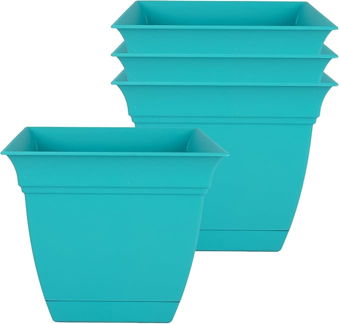 The HC Companies 6 Inch Eclipse Square Planter Pots with Drainage Holes & Attached Saucer, Lightweight UV-Resistant Plastic Indoor Outdoor Planters, 4-Pack Flower Pots for Garden & Home Decor, Teal