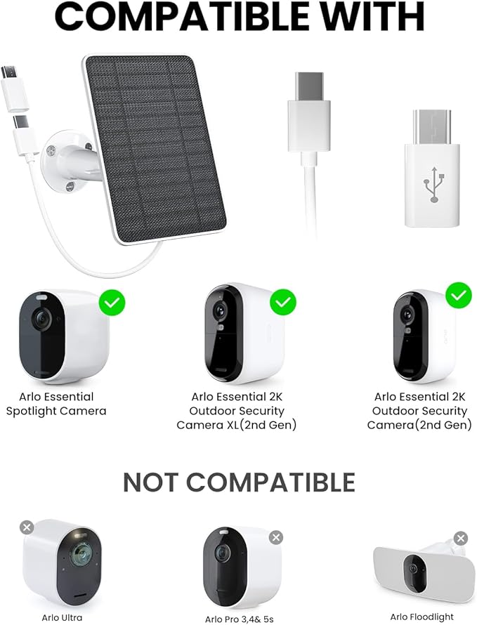 5W Solar Panel Charger Compatible with Arlo Essential 2K Outdoor Camera(2nd Gen)/Essential Outdoor XL(2nd Gen)/Essential Spotlight, IP65 Waterproof 10ft USB-C & Micro USB Cable & Wall Mount, 3 Pack