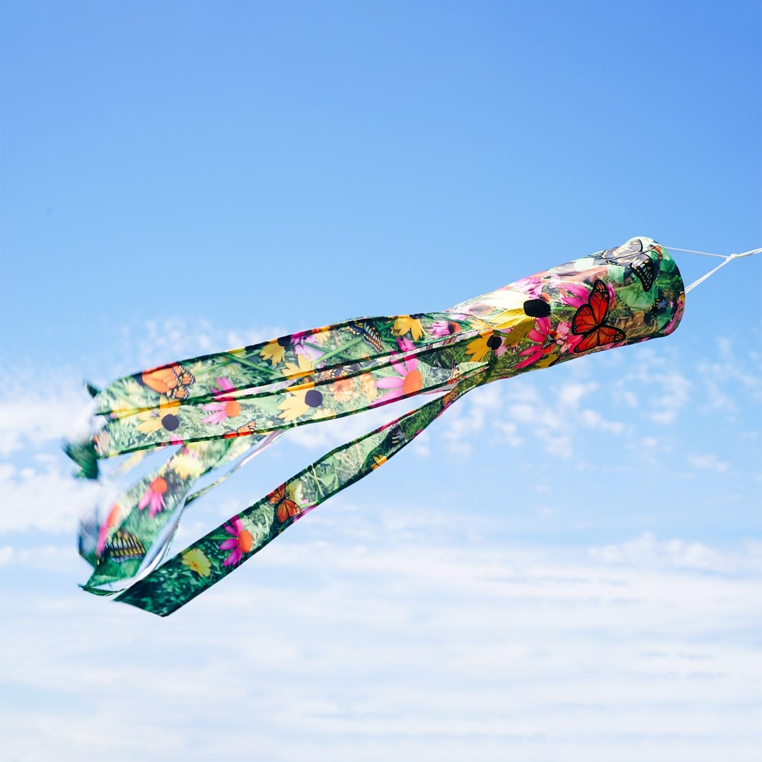 In the Breeze 5271 — Summer Garden 40-inch Illusion Windsock — Vibrant Decor, Embroidered Details, Fully Printed Tails