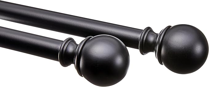 Amazon Basics Adjustable Curtain Rod for Windows with Round Finials, 1-Inch Rod, 36" to 72", Black, 1-Pack