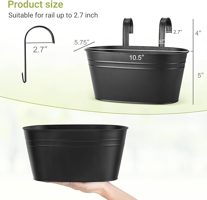 Dahey 10.5 Inch Metal Iron Hanging Flower Pots for Railing Fence Hanging Bucket Pots Countryside Style Window Flower Plant Holder with Detachable Hooks Home Decor,Black,3 Pcs