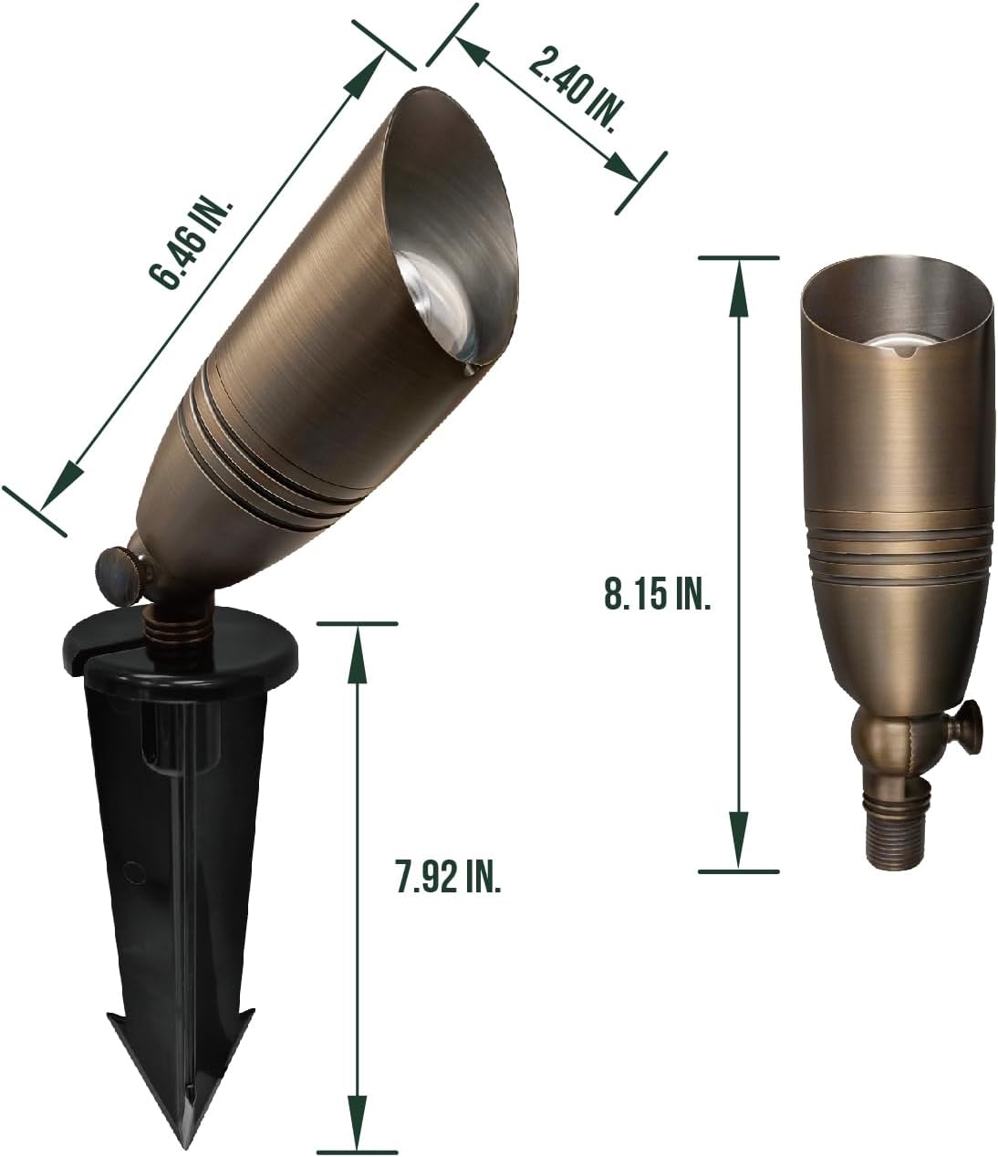 UL Listed Solid Brass Landscape Spotlight, Low Voltage Outdoor Directional Uplight, with 5W MR16 LED Bulb & Large Rugged Slot Spike, 12V AC/DC Garden Patio Spot Up Light (Pack of 3)