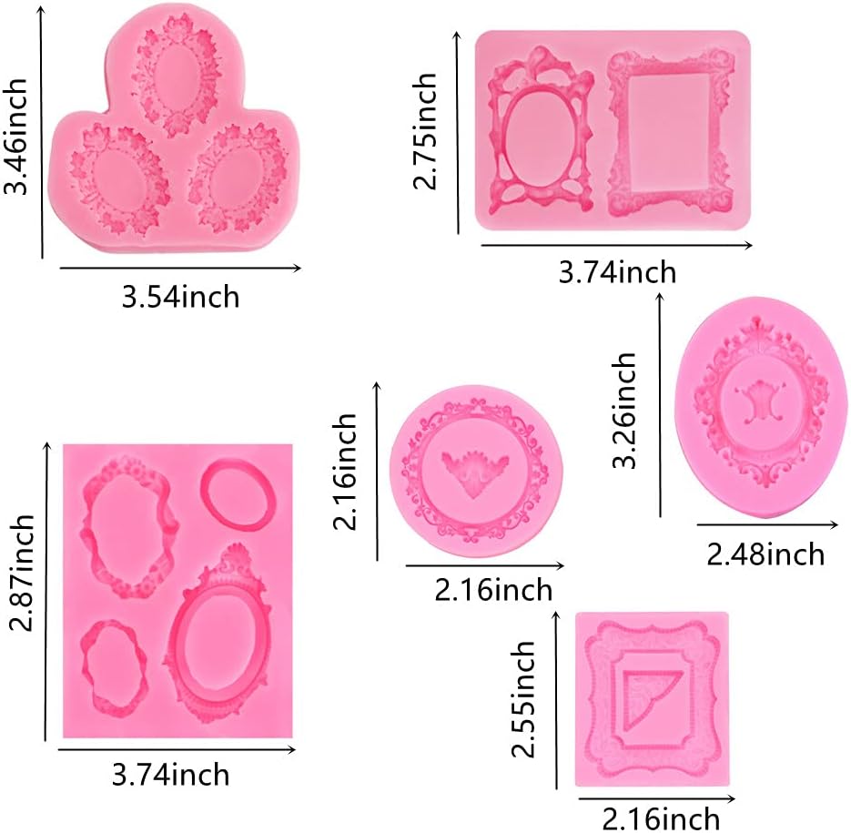 D-Doner 6 pcs Picture Frames Fondant Molds Photo Mirror Silicone Wedding Cake Decorating Mold for Cookie, Chocolate, Candy, Cupcake Topper, Polymer Clay, Soap Wax Making
