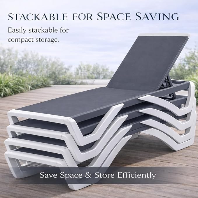 Kozyard Outdoor Chaise Lounge Chair, Full Flat Adjustable Patio Lounger with Aluminum Frame & Resin Legs, Textilene Fabric for Poolside, Backyard & Beach (Gray, Chair with Table)