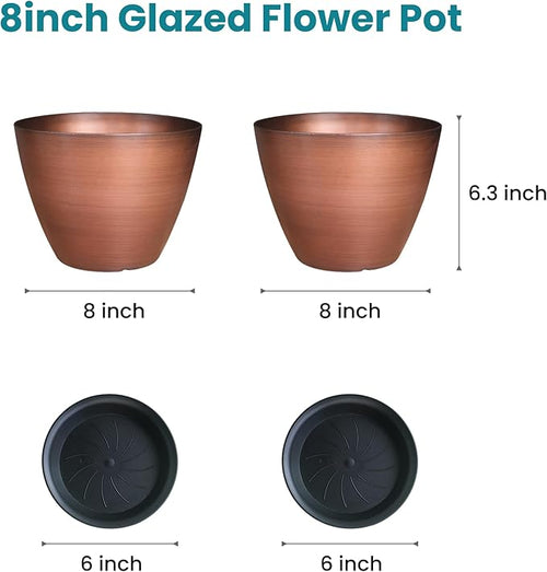 2 Pack Plastic Plant Pots with Drainage Holes, 8 inch Planter for Indoor Outdoor Plant, Garden Flower Pots for Aloe, Herbs, Cactus (Brushed Copper, 2pcs)