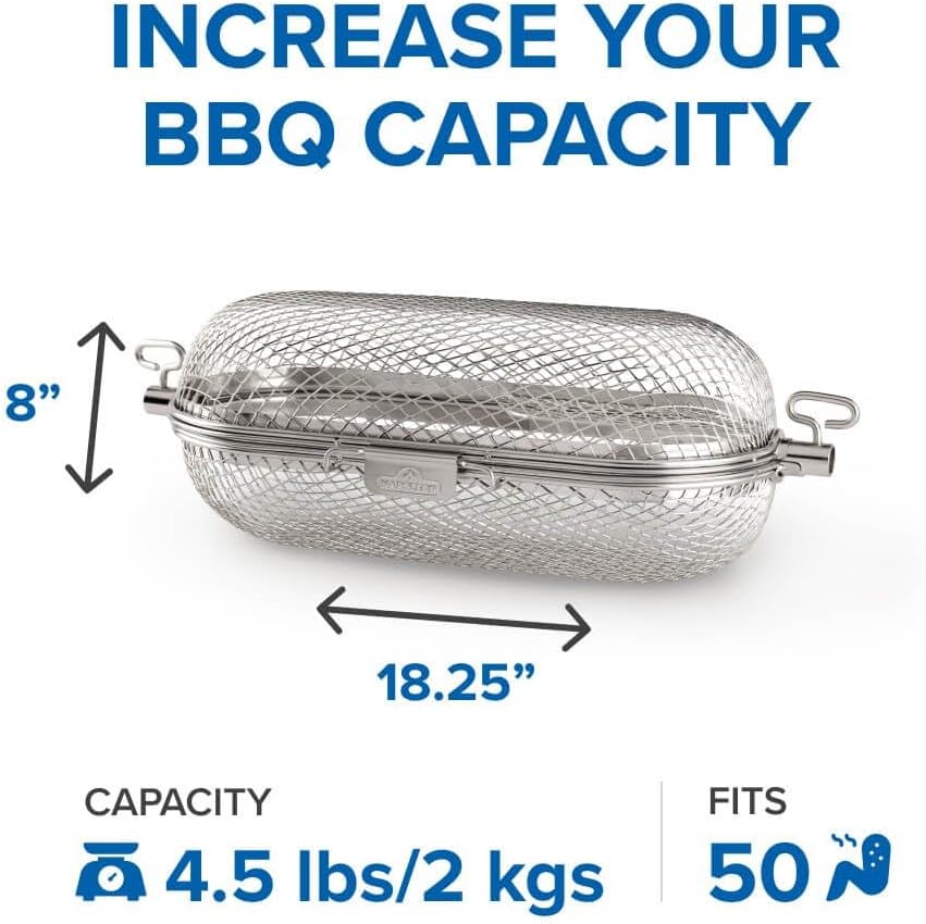 Napoleon Rotisserie Grill Basket - Stainless Steel, Fits Standard Spit Rods, Best For Wings, Fries And Roasted Veggies