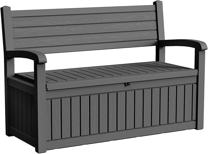80 Gallon Outdoor Storage Bench Deck Box Waterproof Lockable,Outdoor Storage Furniture for Patio,Garden and Porch,Tools and Cushions（ Black Stripe）