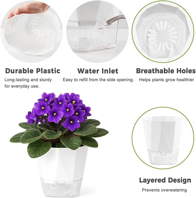 12 Pack Self Watering Plant Pots 6 Inches Self-Watering Planters for Indoor and Outdoor Plants African Violet Succulent Pots Clear Pot for Plants Large Herb Orchid Flower Houseplant Plant, White
