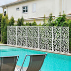 72" metal privacy screen bird pattern, white freestanding, front angle view