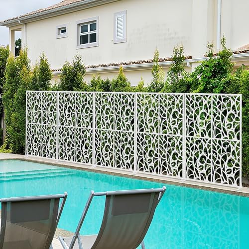 72" metal privacy screen bird pattern, white freestanding, front angle view