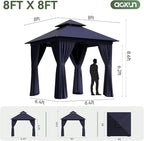 Aoxun Outdoor Gazebo for Patio 8x8 Metal Frame Canopy with Double Roofs Heavy Duty Party Tent and Shelter with Mosquito Netting and Privacy Screen for Backyard, Lawn, Garden, Deck (Navy Blue)