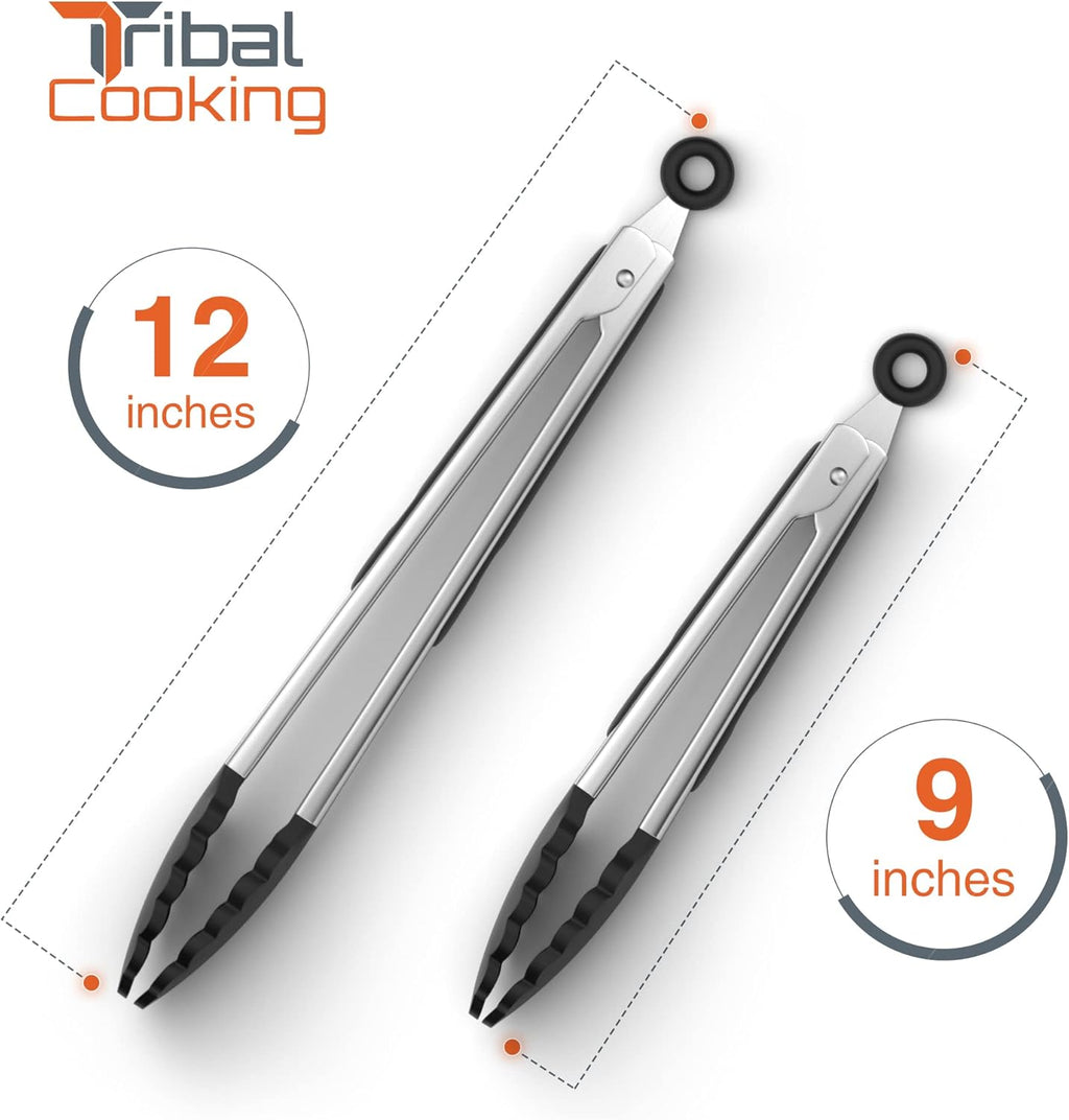 Kitchen Tongs with Silicone Tips - Stainless Steel tongs for cooking - 9" and 12" Tongs With Silicone Rubber Non Slip Grips, Heat Resistant Metal Tongs.