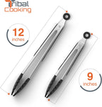 Kitchen Tongs with Silicone Tips - Stainless Steel tongs for cooking - 9" and 12" Tongs With Silicone Rubber Non Slip Grips, Heat Resistant Metal Tongs.