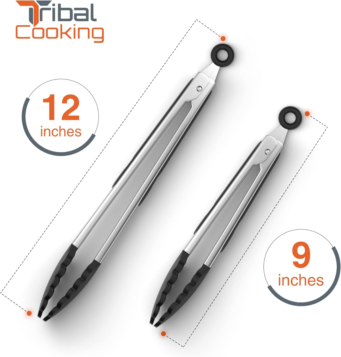 Kitchen Tongs with Silicone Tips - Stainless Steel tongs for cooking - 9" and 12" Tongs With Silicone Rubber Non Slip Grips, Heat Resistant Metal Tongs.