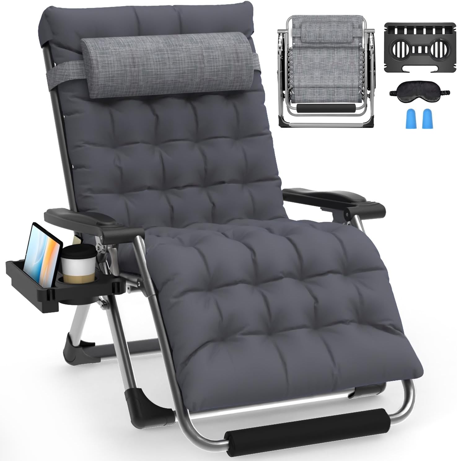 Slendor Oversized Zero Gravity Chairs XXL, 33In Recliner Chair, Dark Gray | Reclining Lounge Chair, Folding Anti Gravity Chairs w/Aluminum Alloy Lock, Removable Cushion&Headrest, 500lbs, for Lawn Patio
