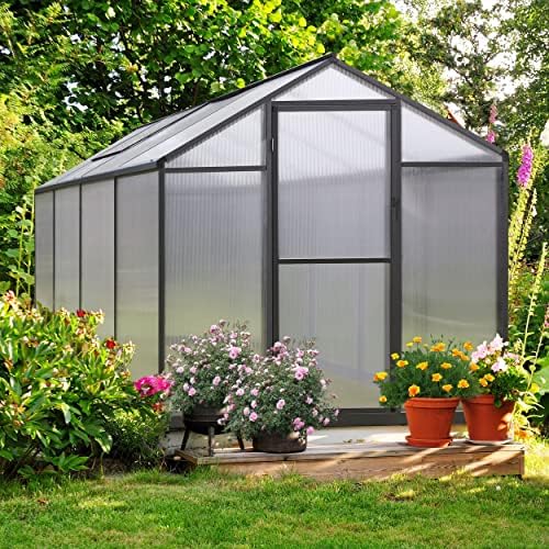 veikou 6' x 8' polycarbonate greenhouse, upgraded green, front angle view