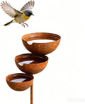 3-Tier Rain Catcher Garden Stake, Antique Bronze Metal Bird Bath & Feeder Bowls, Adjustable Height Cascading Water Station for Outdoor Yard, Lawn, Flower Bed Decor & Wildlife Pollinator Oasis