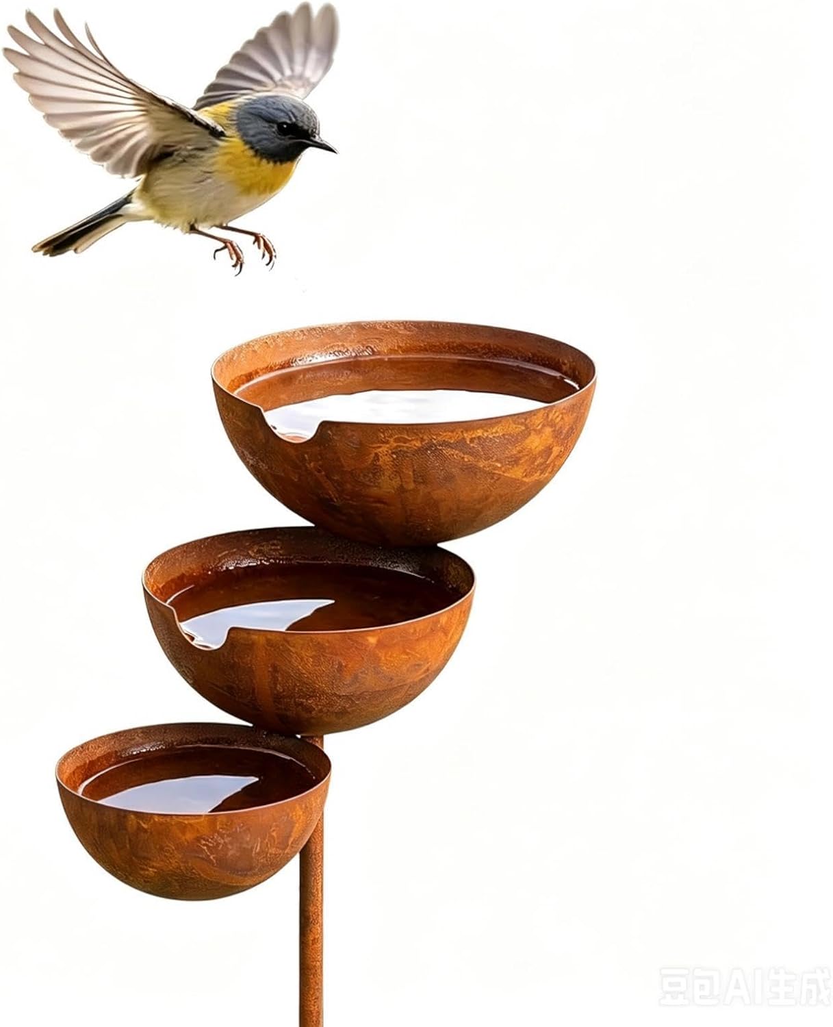 3-Tier Rain Catcher Garden Stake, Antique Bronze Metal Bird Bath & Feeder Bowls, Adjustable Height Cascading Water Station for Outdoor Yard, Lawn, Flower Bed Decor & Wildlife Pollinator Oasis