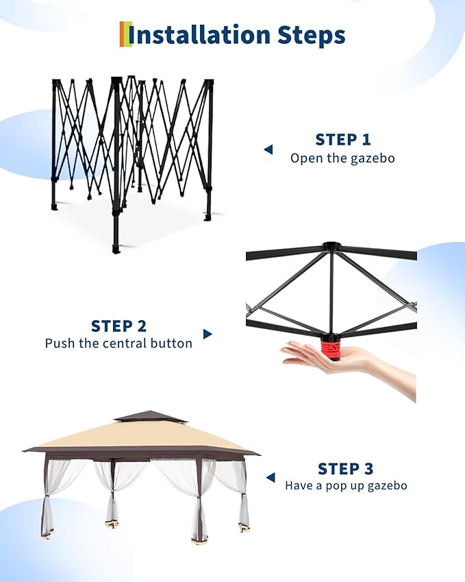 Canopy Tent 13x13 ft, Pop Up Gazebo One-Push Setup with 4 SandBags for Backyard Parties and BBQs, Mosquito Netting & Height Adjustable - Khaki & Coffee