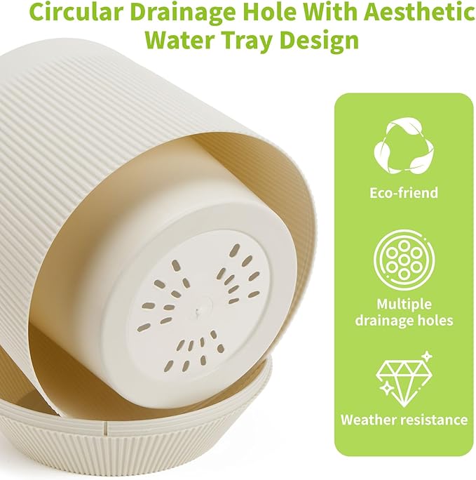 Plant Pots，Set of 3 Plastic Pots for Indoor Plants,Flower Pots Outdoor Planters with Drainage Hole and Seamless Saucer,Milky-Yellow