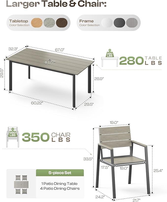 Outdoor Dining Set for 4, Aluminum Patio Table and Chairs Set with Umbrella Hole, 5 Piece HDPS Outdoor Furniture Set for Patio, Garden (Gray)