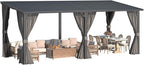 AECOJOY 20'x8' Outdoor Hardtop Metal Gazebo with Curtains and Netting for Patio, Large 8x20 Lean to Heavy Duty Wall Mounted Pergolas and Grill Gazebos Clearance, Patio Steel Roof Awnings for Decks