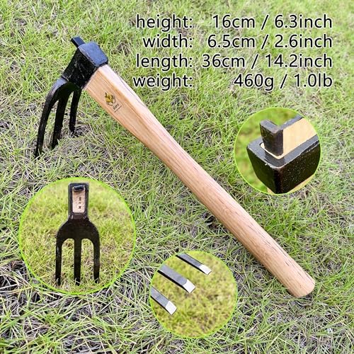 14 inch japanese hand tiller/rake for garden, 3-tines shown in use