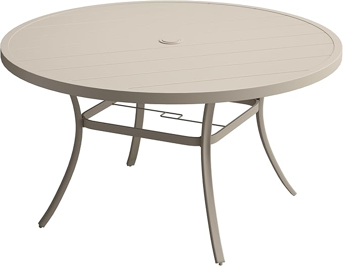 VICLLAX 63" Outdoor Round Patio Table with Umbrella Hole, All Weather Metal Round Outdoor Dining Table for Lawn Garden, 8-10 Person Table, Sandshell