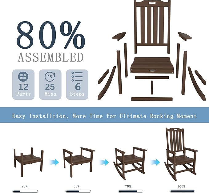 Oversized Rocking Chair Set of 2, Outdoor Rocking Chair for Adults, All Weather Resistant Porch Rocker for Lawn Garden, Brown