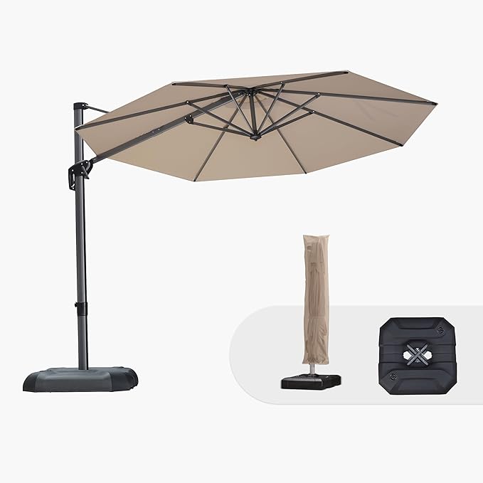 PURPLE LEAF 10 Feet Patio Umbrella with Base and Cover Round Outdoor Cantilever Umbrella Aluminum Offset Umbrella with 360-degree Rotation for Garden Deck Pool Patio Beige