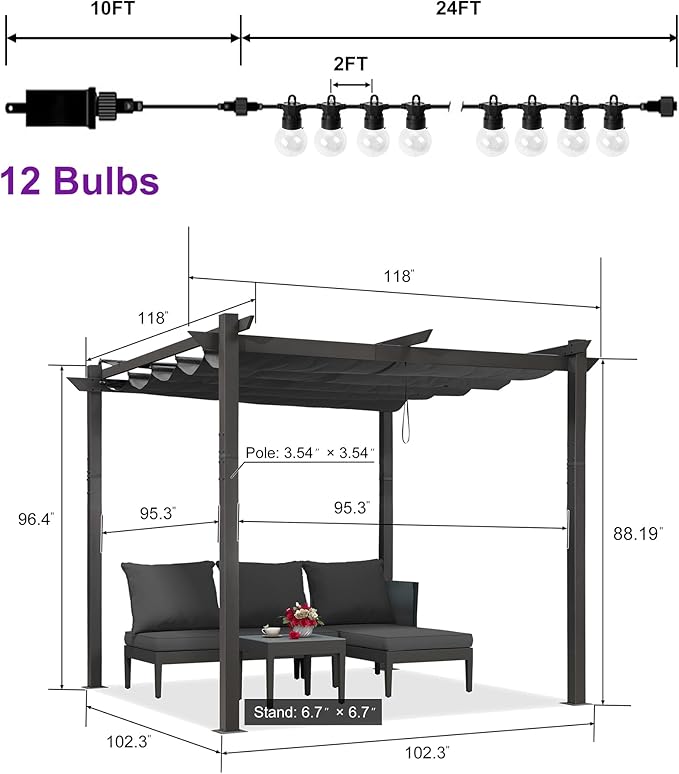 PURPLE LEAF 10' x 13' Aluminum Outdoor Pergola Retractable Pergola with Double Sun Shade Canopy Modern Grape Trellis Metal Pergola with Light for Patios Garden Deck Backyard, Gray