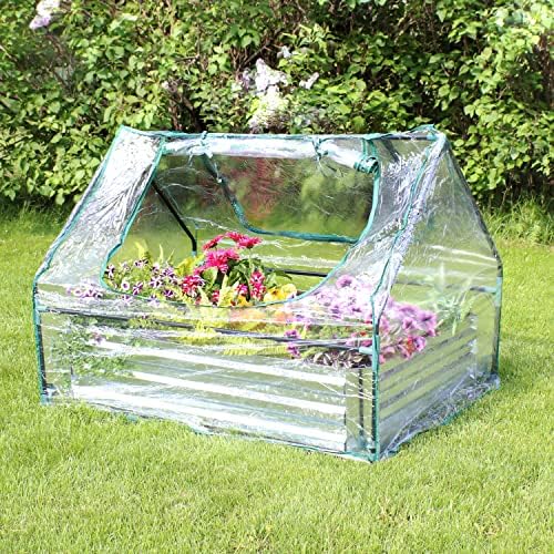 sunnydaze steel raised garden bed with mini greenhouse, side view
