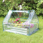 sunnydaze steel raised garden bed with mini greenhouse, side view
