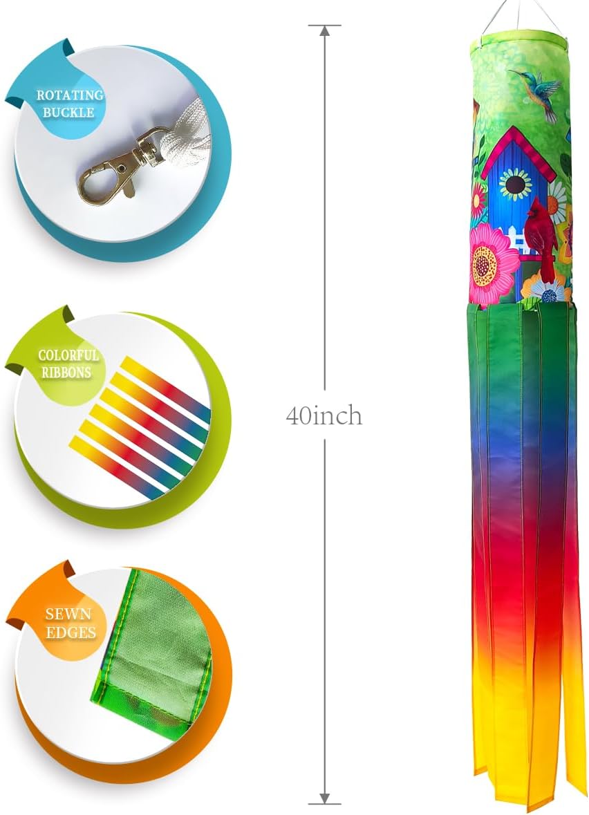 Spring windsocks Outdoor Heavy Duty, Yard Garden Home Decoration | Sturdy hanging hooks & bright gradient decorative ribbons