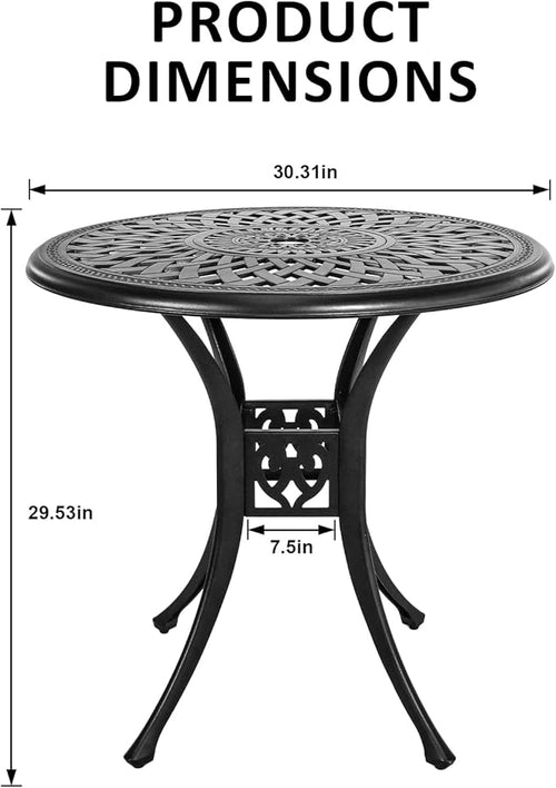 30.31" Outdoor Patio Dining Table, Cast Aluminum Patio Table, Patio Bistro Table, Patio Furniture Set with 2.36" Umbrella Hole for Balcony Lawn Garden Backyard