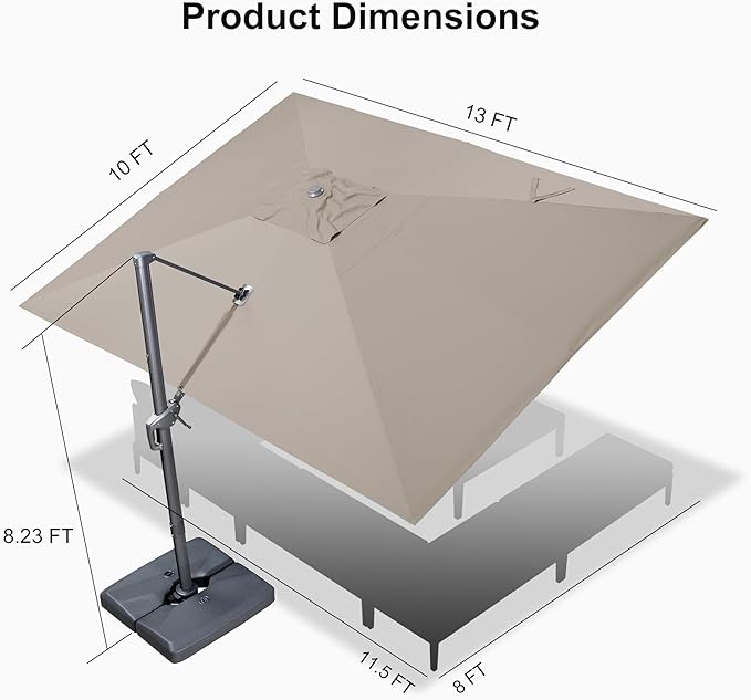 PURPLE LEAF Patio Umbrella 10' X 13' Rectangle Cantilever Umbrella Large Aluminum Outdoor Umbrellas with 360-degree Rotation & UPF40+ Premium Fabric for Deck Pool Garden Yard, Ash Mocha