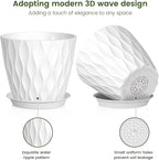 7 inch Plant Pots for Indoor Outdoor Plants, 5 Pack Thick Nursery Pots with Drainage Holes and Saucers, 3D Modern Wave Texture Plastic Planter Pots for Flowers and House Plants, White