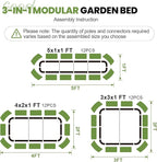 G GOOD GAIN 3-in-1 Adjustable Raised Garden Bed Kit | Galvanized Planter Boxes for Vegetables, Flowers | 12" Tall, Multiple Sizes (4x2x1ft, 3x3x1ft, 5x1x1ft) | Outdoor Metal Raised Bed, Green