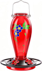 24 OZ Hummingbird Feeder for Outdoors Hanging, | Heavy-Duty Thick Glass With Floral Decals, Leak-Resistant Metal Base, 5 Feeding Ports & Perch
