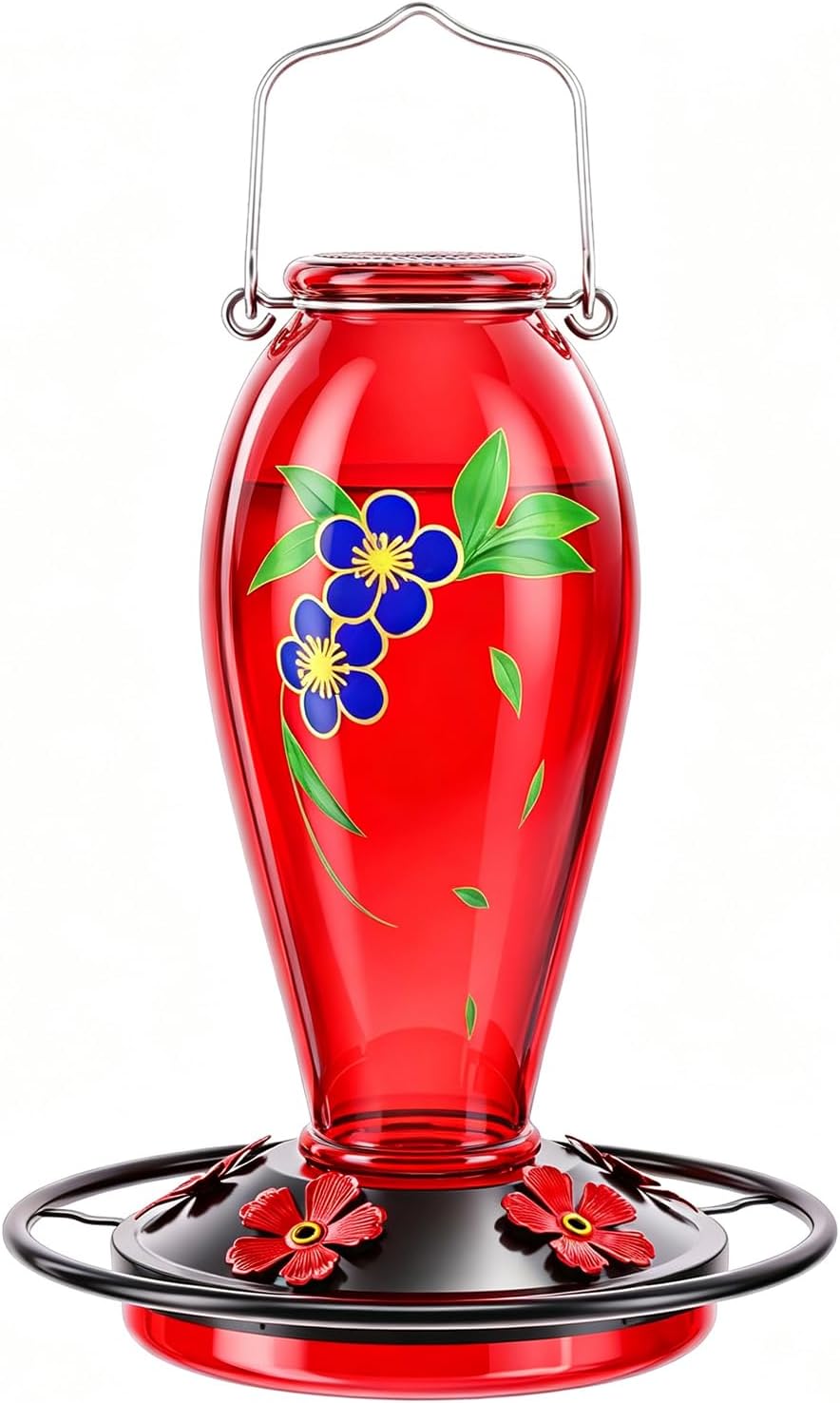 24 OZ Hummingbird Feeder for Outdoors Hanging, | Heavy-Duty Thick Glass With Floral Decals, Leak-Resistant Metal Base, 5 Feeding Ports & Perch
