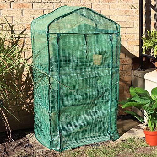 sunnydaze outdoor portable 3-tier mini greenhouse with roll-up showing dimensions