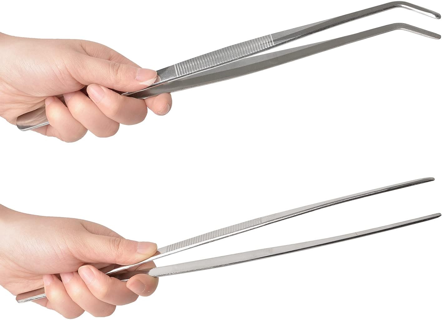 2 Pcs 12 Inch Long Handle Stainless Steel Straight and Curved Tweezers Nippers, Set with Serrated Tips Comfortable Ridged Handle for Garden, Kitchen, Indoors and Outdoors
