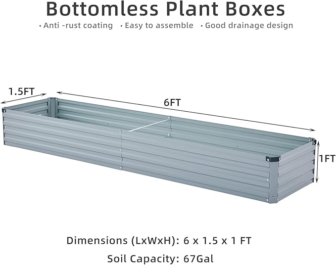 2 Pack 6x1.5x1FT Galvanized Raised Garden Bed Kit, Outdoor Metal Planter Box for Vegetables, Bottomless Rectangular Gardening Bed with Support Rods, Tool-Free Assembly, Gray