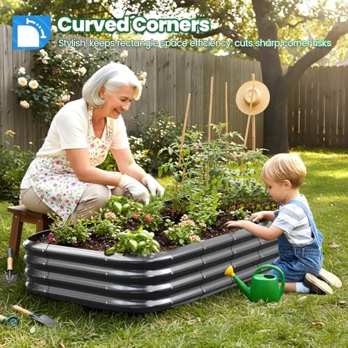 quictent galvanized oval raised garden bed kit, 6x3x1 shown in use